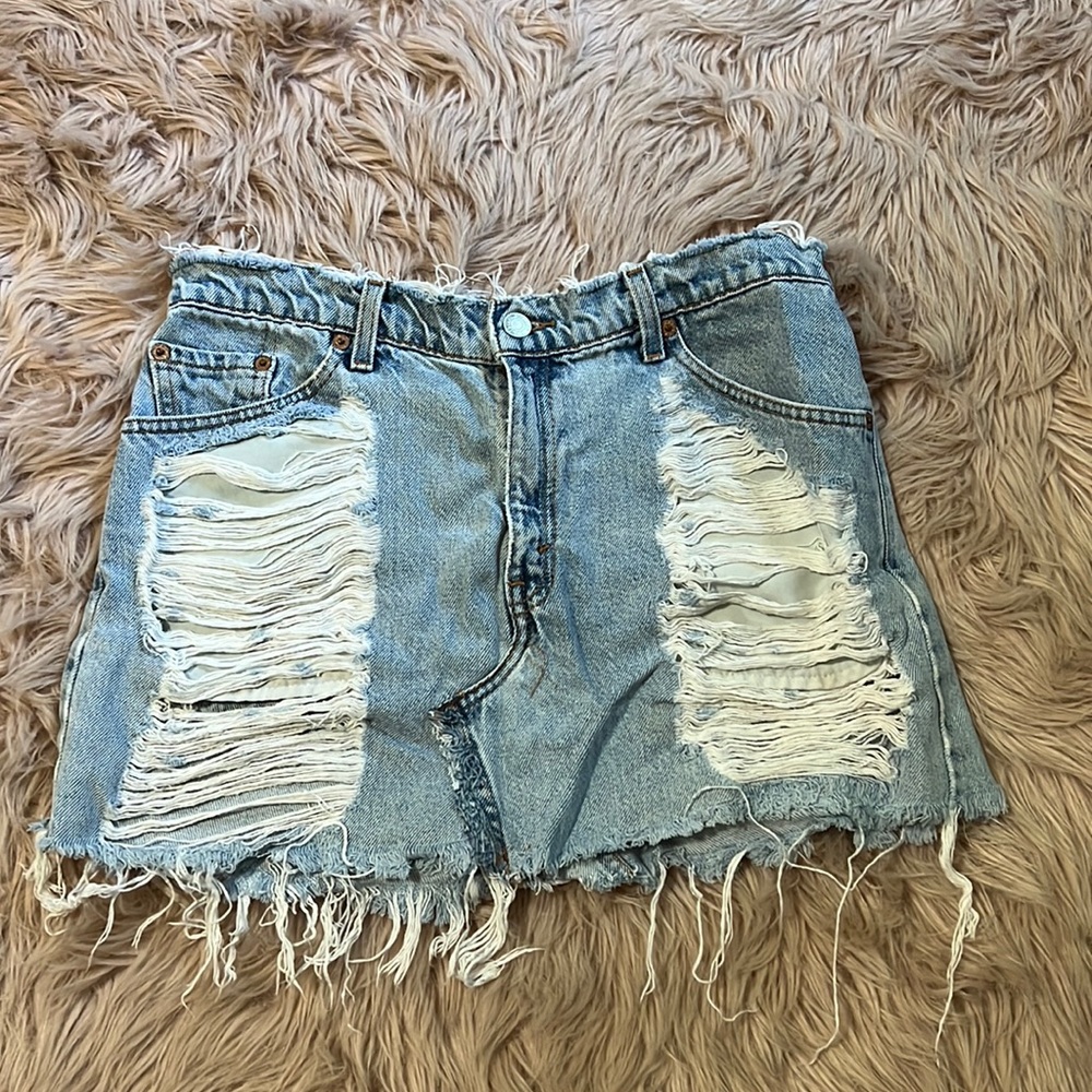 Distressed denim skirt